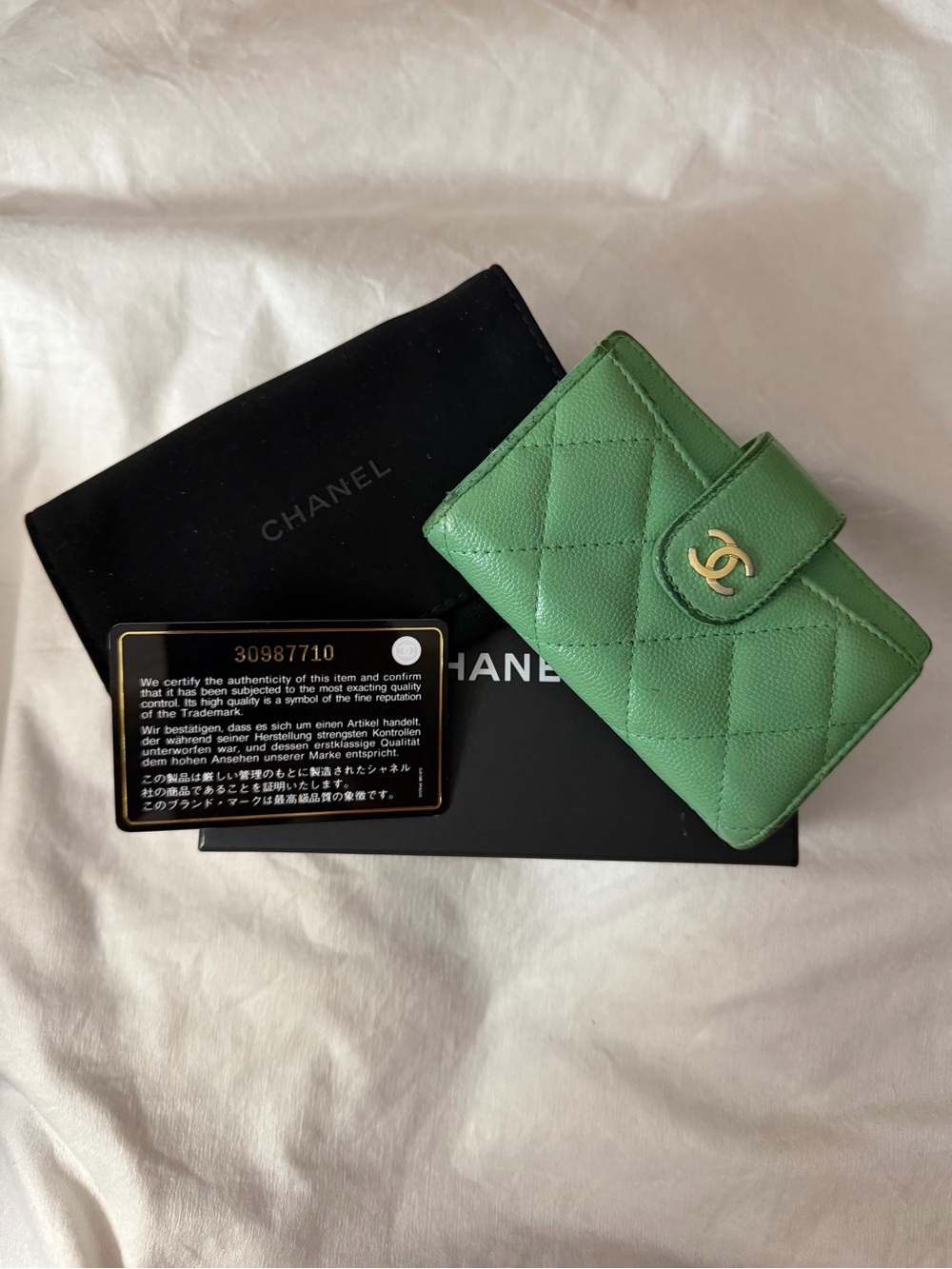 CHANEL Green Caviar Leather Compact Quilted Wallet, Gold CC Logo-FULL INCLUSION!